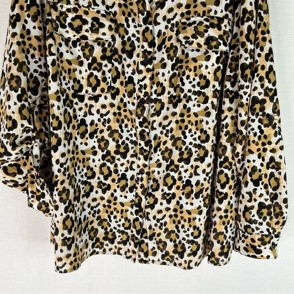 Elementz Button Down Shirt Women’s Brown Black Animal Cheetah Roll Tab Sleeve 2X - Picture 4 of 12